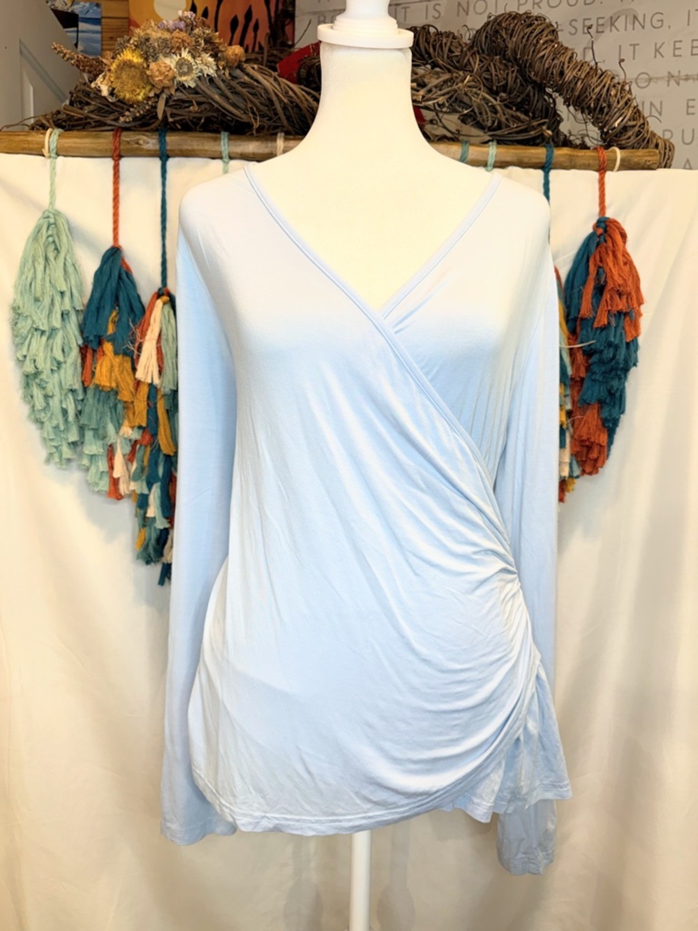 GUBERRY Light Blue Ruched Wrap Top XL Long Sleeve Stretch Surplice Blouse